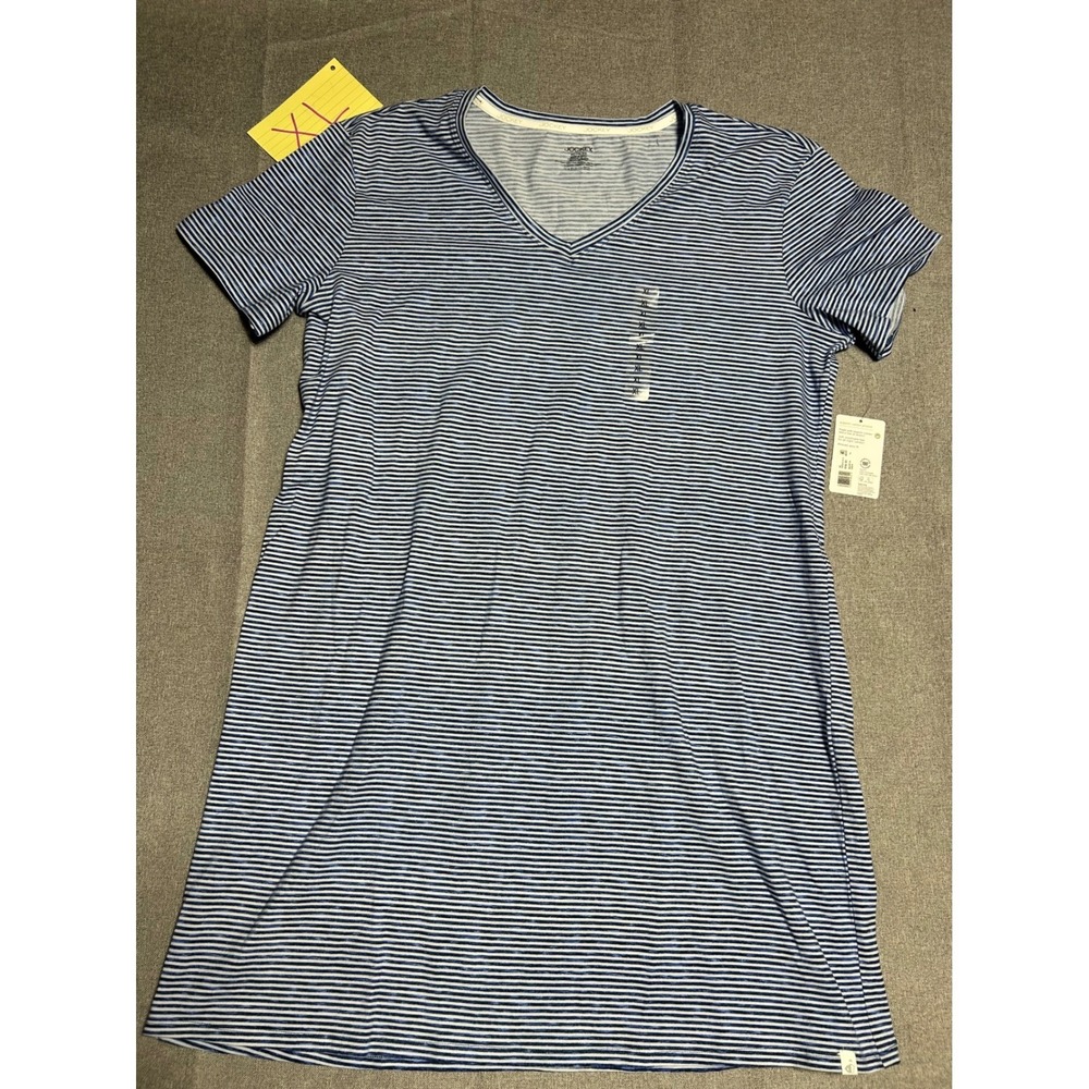 Jockey Nightgown Women XL Blue White Striped Organic Cotton V-Neck Sleep Shirt